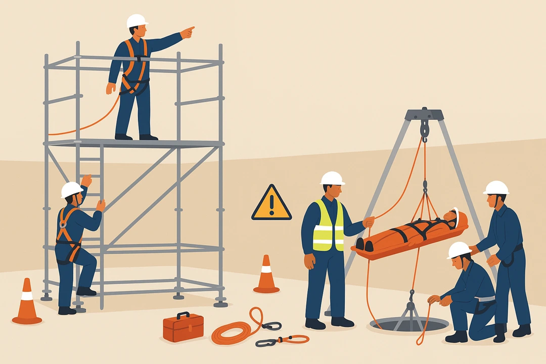 Formation travail en hauteur & sauvetage : exercices sur échafaudage et trépied avec civière, cordes et EPI.