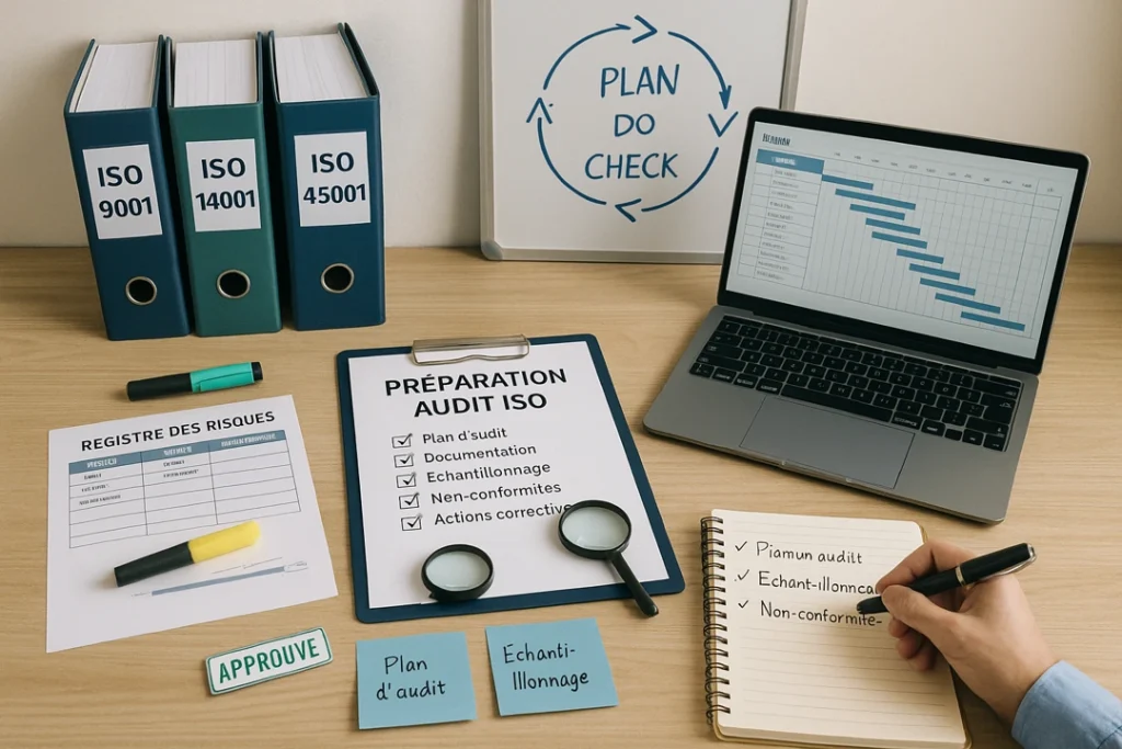 Poste de travail pour la préparation d’un audit ISO avec check-list, classeurs ISO 9001/14001/45001 et planning sur ordinateur.