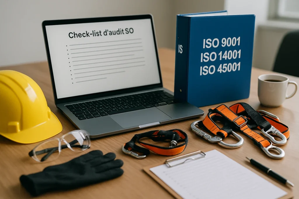 Check-list d’audit ISO affichée sur un laptop, classeur ISO 9001/14001/45001 et EPI posés sur la table