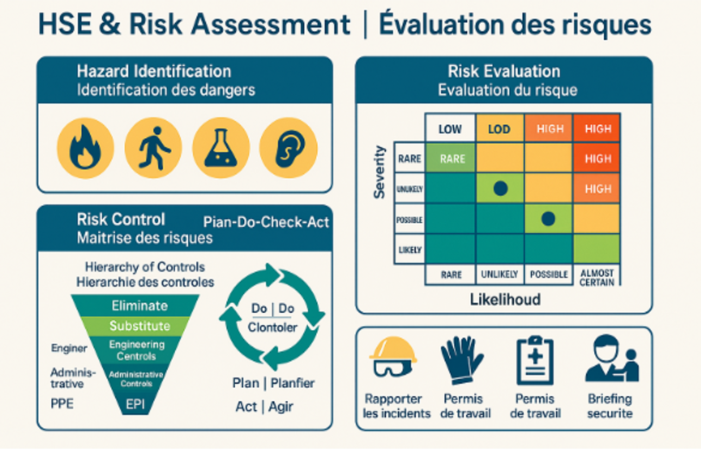 identification des dangers, matrice probabilité × gravité, hiérarchie des contrôles et cycle PDCA, avec EPI.