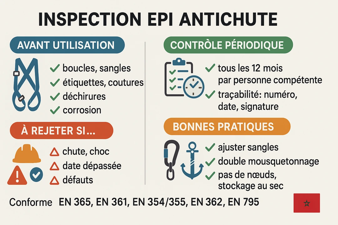 étapes d’inspection et bonnes pratiques, conforme EN 365/361/354-355/362/795