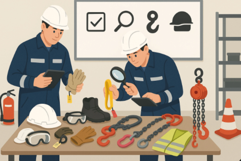 Inspection des EPI et accessoires de levage par deux agents HSE : casques, gants, chaînes et élingues.