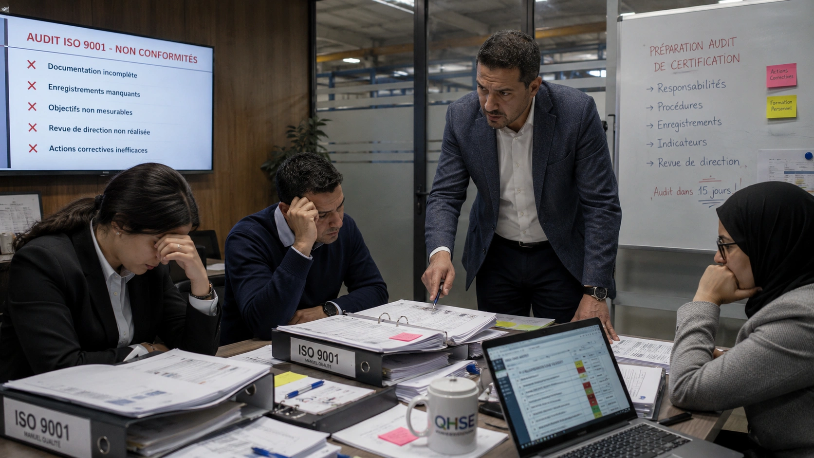 Équipe marocaine en difficulté lors de la préparation d'un audit de certification ISO avec documents incomplets et non-conformités