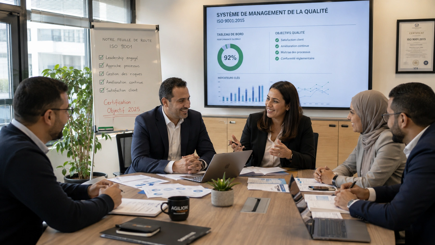 Direction et équipe qualité marocaine travaillant ensemble pour réussir une certification ISO