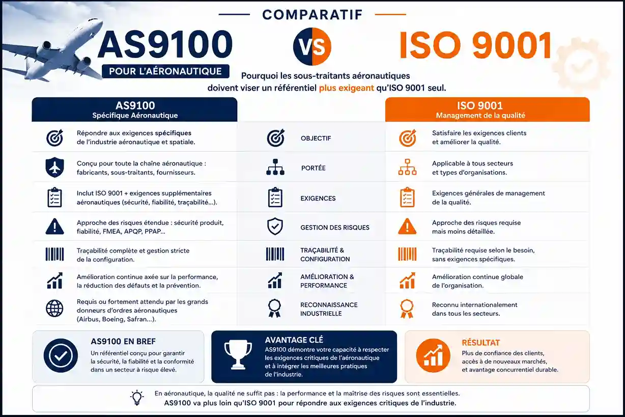AS9100 vs ISO 9001 - comparatif norme qualité aéronautique et norme générale par Agilion Quality
