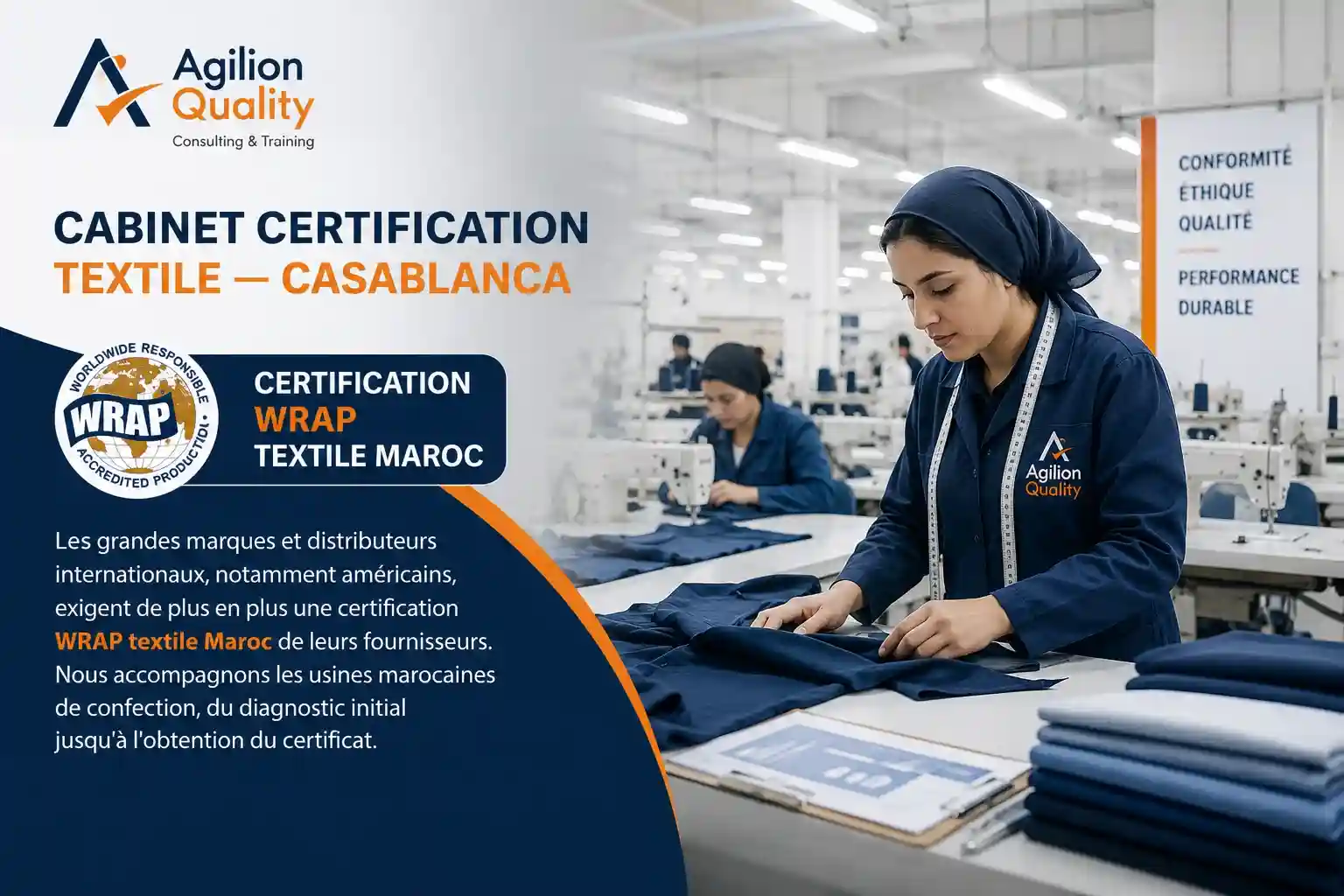 Certification WRAP textile Maroc — atelier de confection et contrôle qualité en usine textile