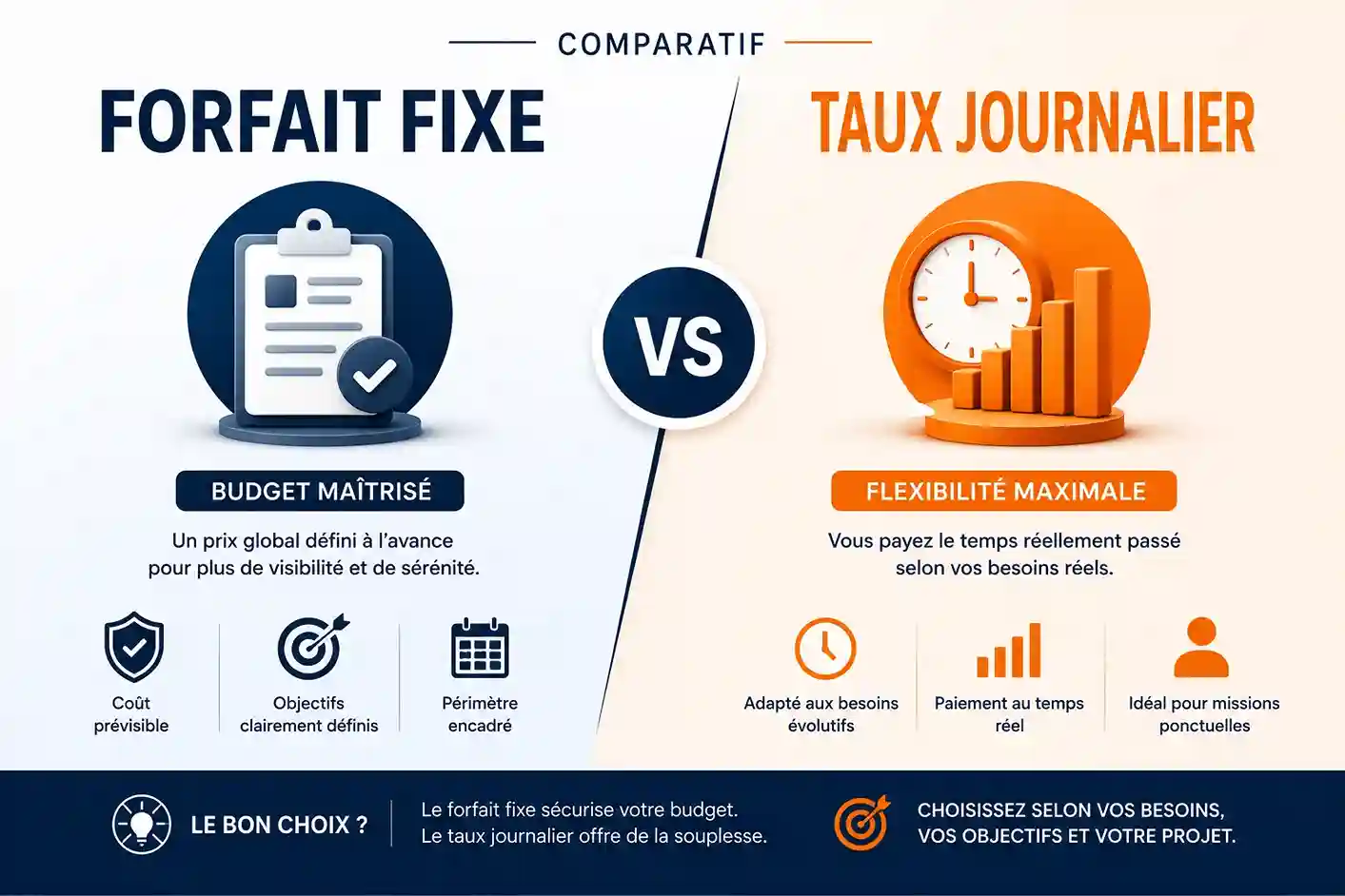 Forfait fixe vs facturation au taux journalier - comparatif modèles de tarification du conseil ISO par Agilion Quality
