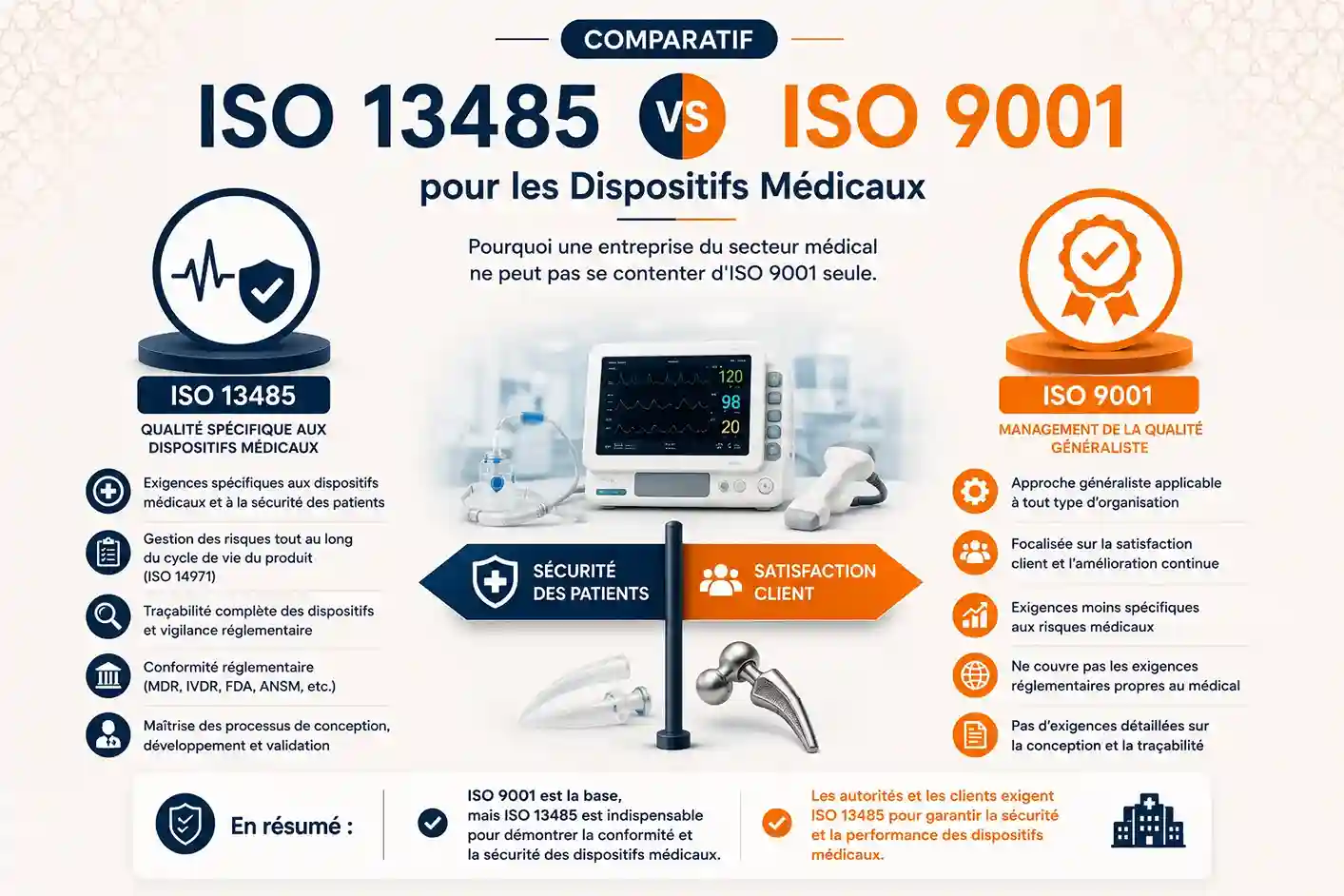 ISO 13485 vs ISO 9001 - comparatif norme dispositifs médicaux et qualité générale par Agilion Quality