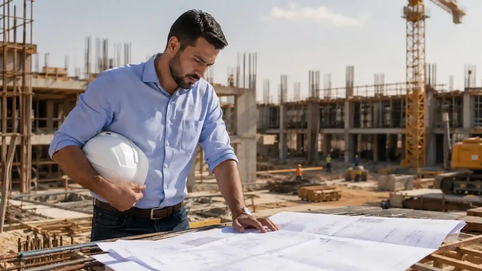 Qualification et classification BTP Maroc — ingénieur examinant des plans sur un chantier de construction